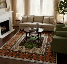 Handmade Neutral Cotton and Wool Handknotted Rug for Minimalist Rooms